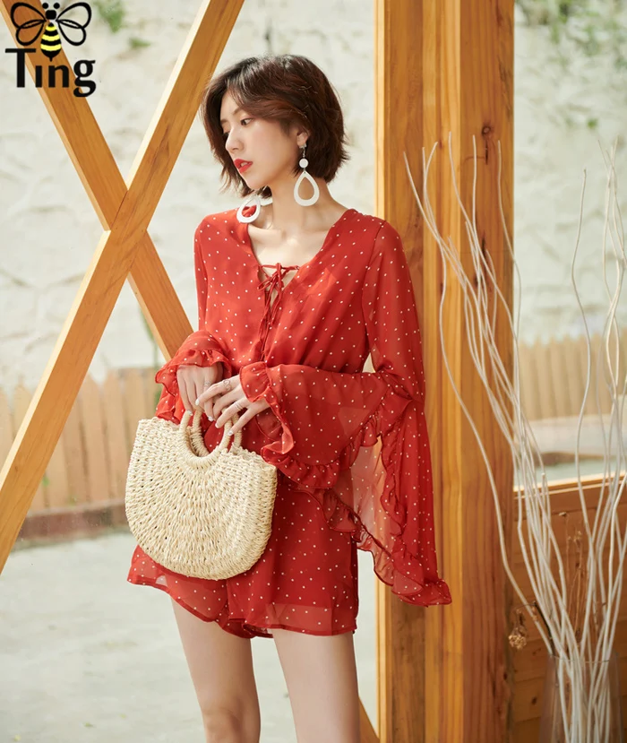 Женский Короткий комбинезон Tingfly шифоновый повседневный в горошек с