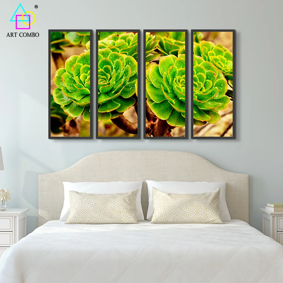 4 Панелей Реализм Живопись Красивый Цветок Расцветает Мясистые Растения Рисунок
