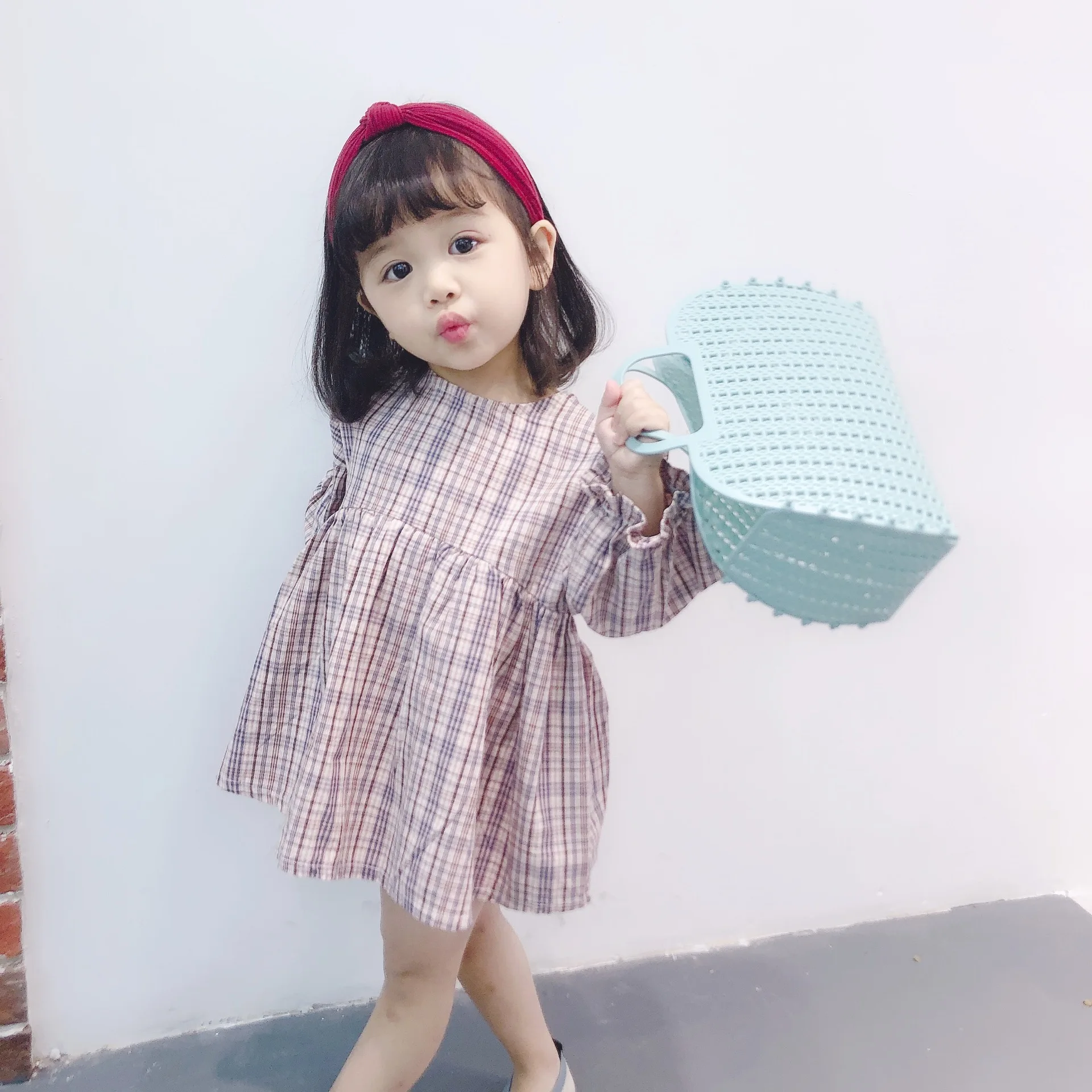 2019 Spring cute girls pink plaid puff sleeve loose A-line fashion princess dresses kids cotton all-match casual dress | Детская одежда
