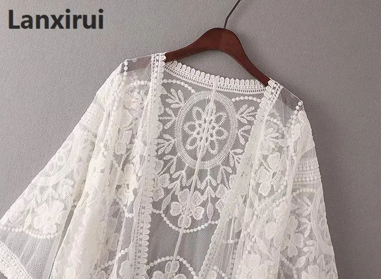 Белый кружевной кардиган кимоно Boho женский прозрачный Удлиненный топ для