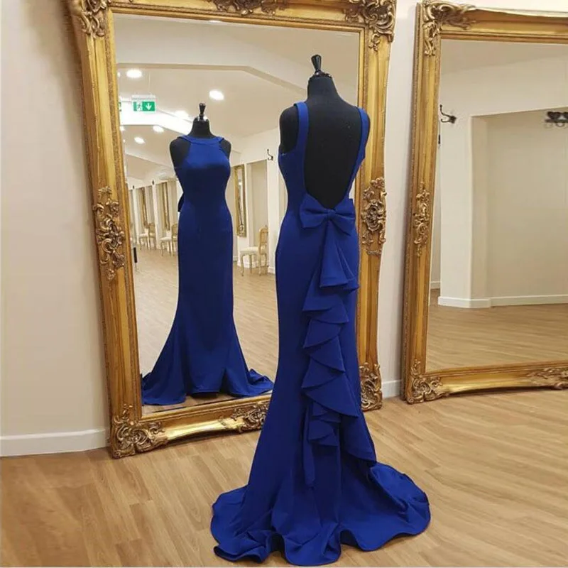 Женское вечернее платье с открытой спиной Arabian Long синее Плиссированное атласное