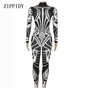 Черно-белый комбинезон Стразы с принтом женский певец сексуальные леггинсы костюм Цельный боди эластичный наряд вечерние комбинезоны