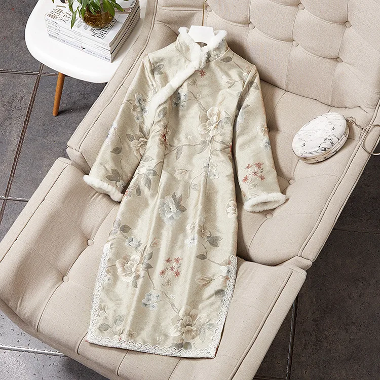 Элегантный женский Qipao Винтаж мандарин воротник цветок банкетное платье жаккард Флокирование тепло YANXI тонкий модифицированный Cheongsam