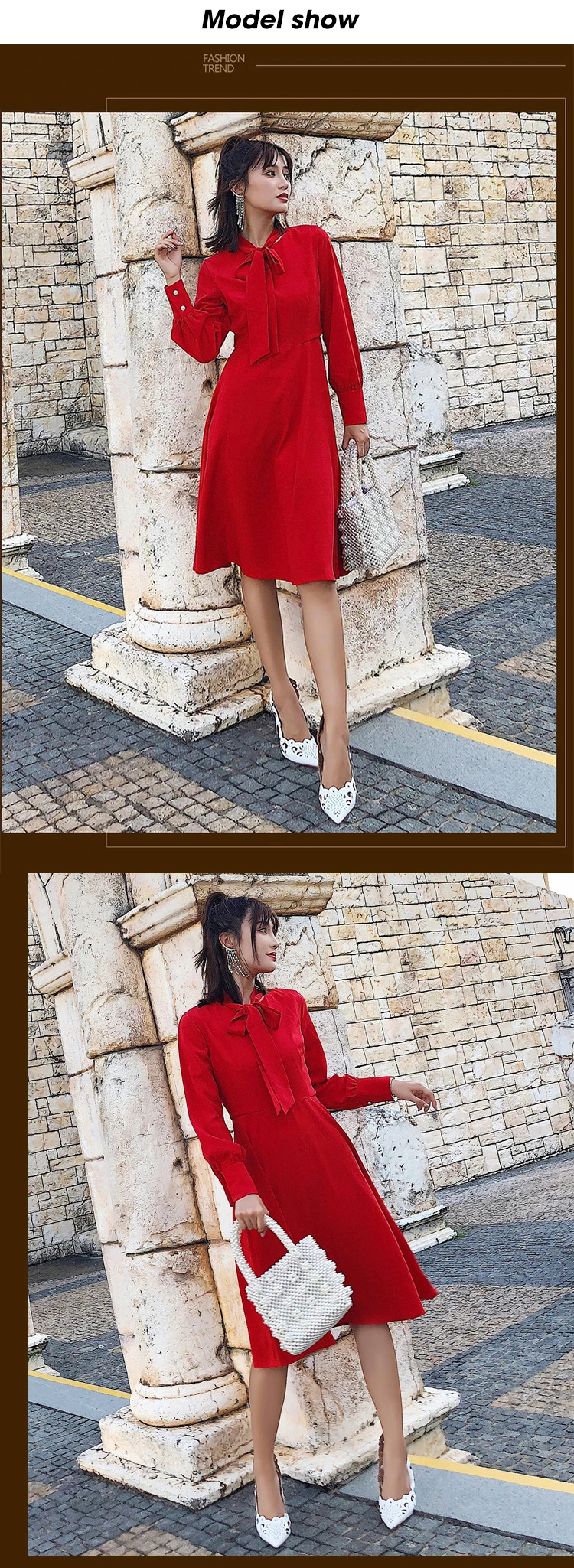 Fashion women temperament holiday bow a-line dress new arrival high quality comfortable solid color sweet cute formal dress