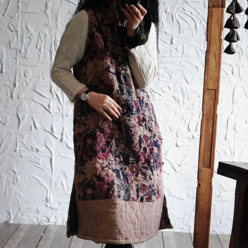 Асимметричное платье из хлопка и льна в китайском этническом винтажном стиле с