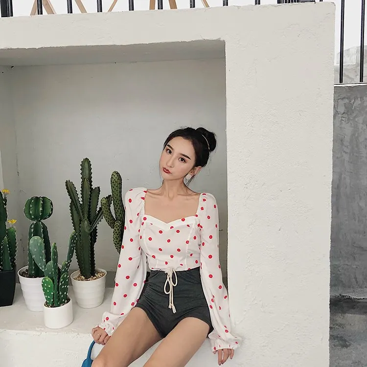 Женская блузка с открытыми плечами и принтом в горошек повседневная винтажная