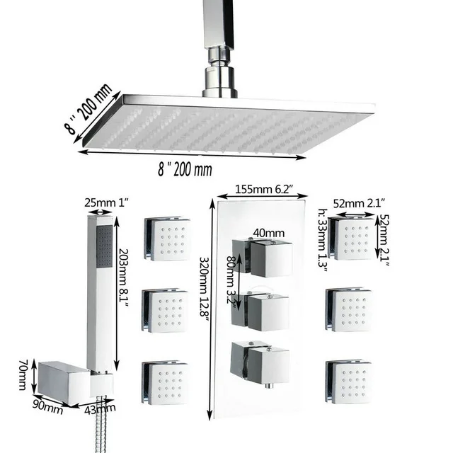 8 inch shower set KEMAIDI Ванная комната душа 8/10/1216 дюймов хром душевой кран комплект термостатный водопроводный смеситель кран W/6 сообщение струй смеситель для душа - Цвет: 8 inch shower set