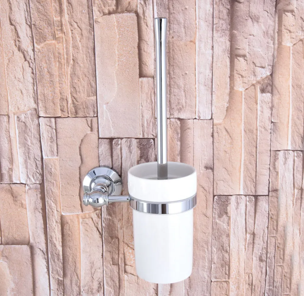 Wall Mounted Polished Chrome Brass Bathroom Toilet Brush Holder Set Bathroom Accessory Single Ceramic Cup mba795 polished chrome brass square wall mounted bathroom toilet paper roll basket holder shelf bathroom accessory mba535