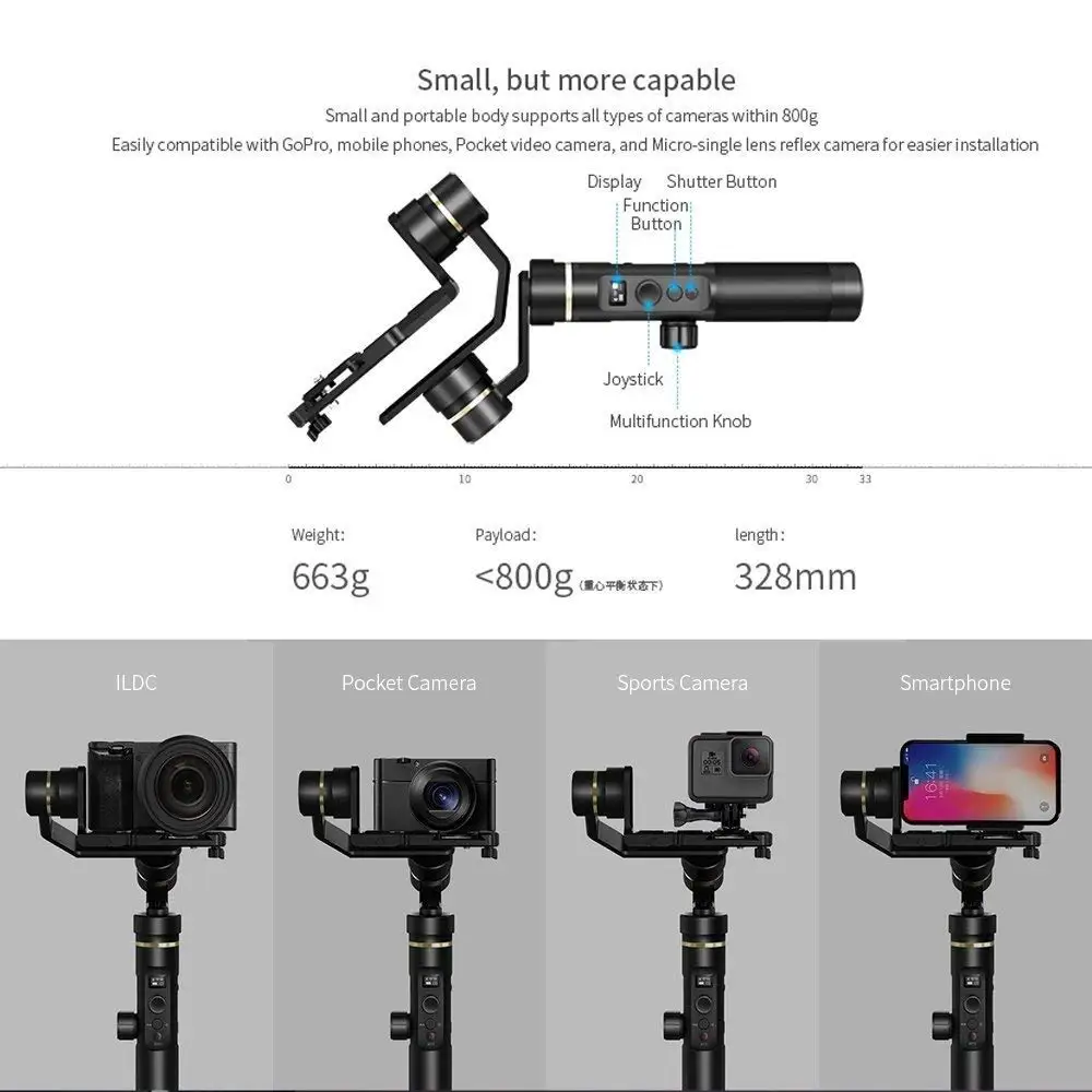 FeiyuTech G6 плюс 3-осевой Карманный стабилизатор для смартфона, Gopro, Canon, sony подходит небольшой одноножный, в том числе треноги, расширение стержня