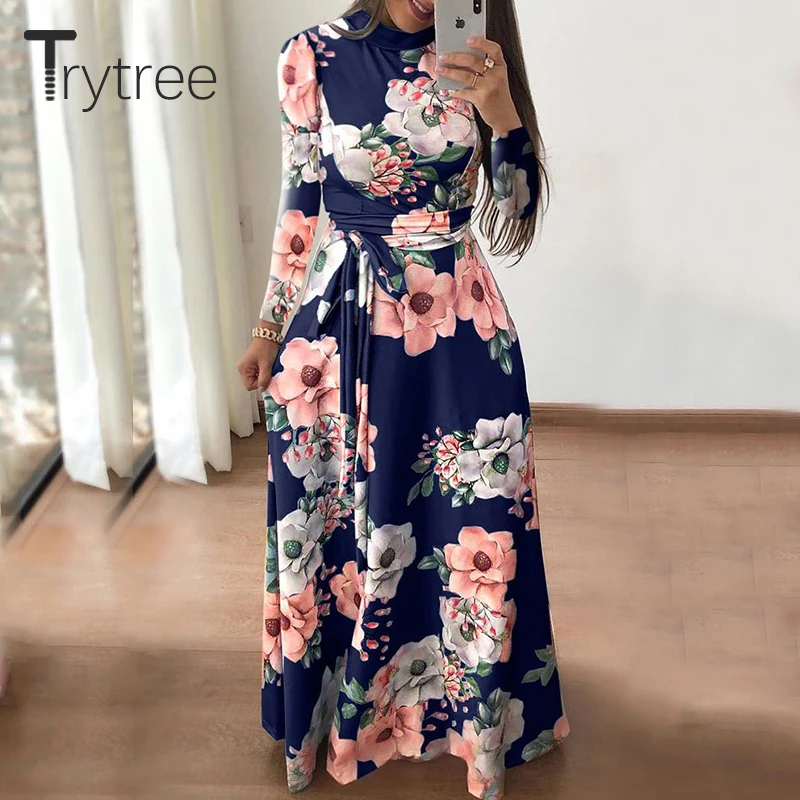 Осеннее женское платье Trytree повседневные платья с цветочным принтом воротником