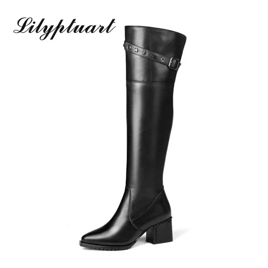 

British style cowhide material zippered decorative boots pointed thick high heel side zipper rubber soles winter boots women