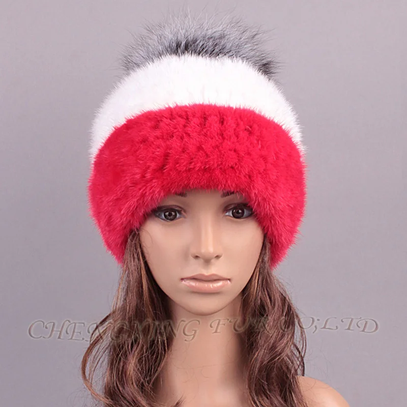 Женская модная шапка из натурального меха норки с помпоном лисьего меха|fashion hat|hat