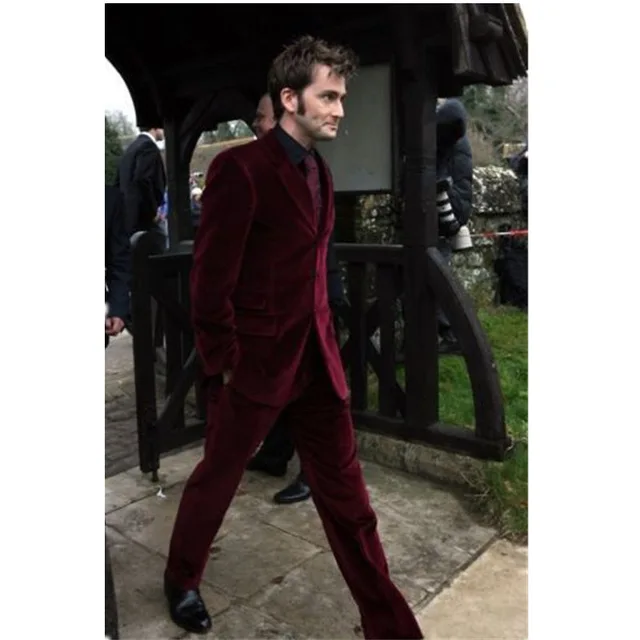 2018 Burgundy Velvet Men Suits Blazer With Pants Bespoke Wedding Groom Tuxedos Groomsman Best Man Party Suits (Jacket+Pants+Tie)