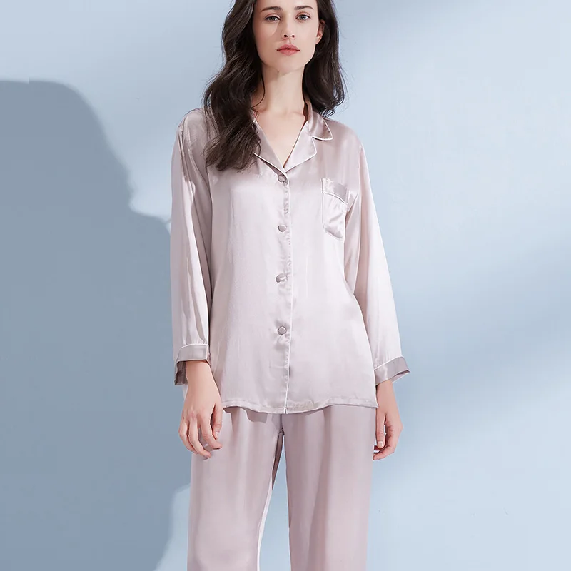 Grey Pink Женский пижамный комплект 19 момме из натурального шелка, бренд, одноцветная Пижама, набор для сна, для дома, шелк из Ханчжоу, Пижама - Цвет: Grey Pink