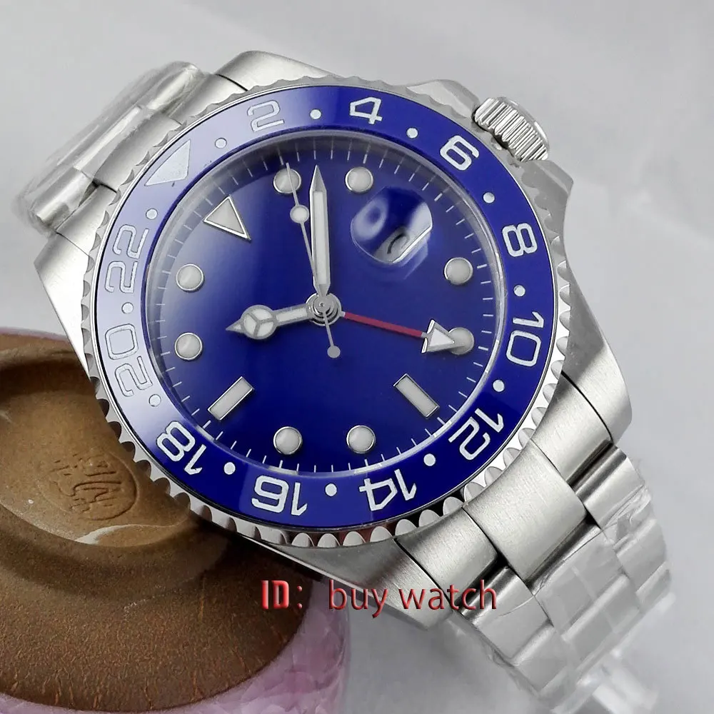 

43mm Parnis Blue Dial GMT-MASTER Ceramic Bezel Sapphire Automatic Mens Watch 297 Oyster Bracelet Solid Back