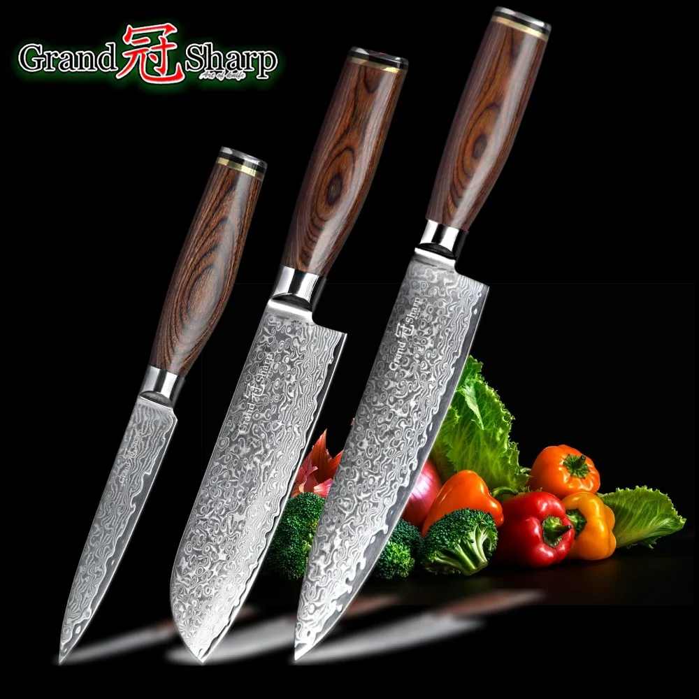 GRANDSHARP 3 шт. набор ножей из дамасской стали 67 слоев японской дамасской стали vg10 шеф-повара сантоку кухонные ножи бесплатный подарок