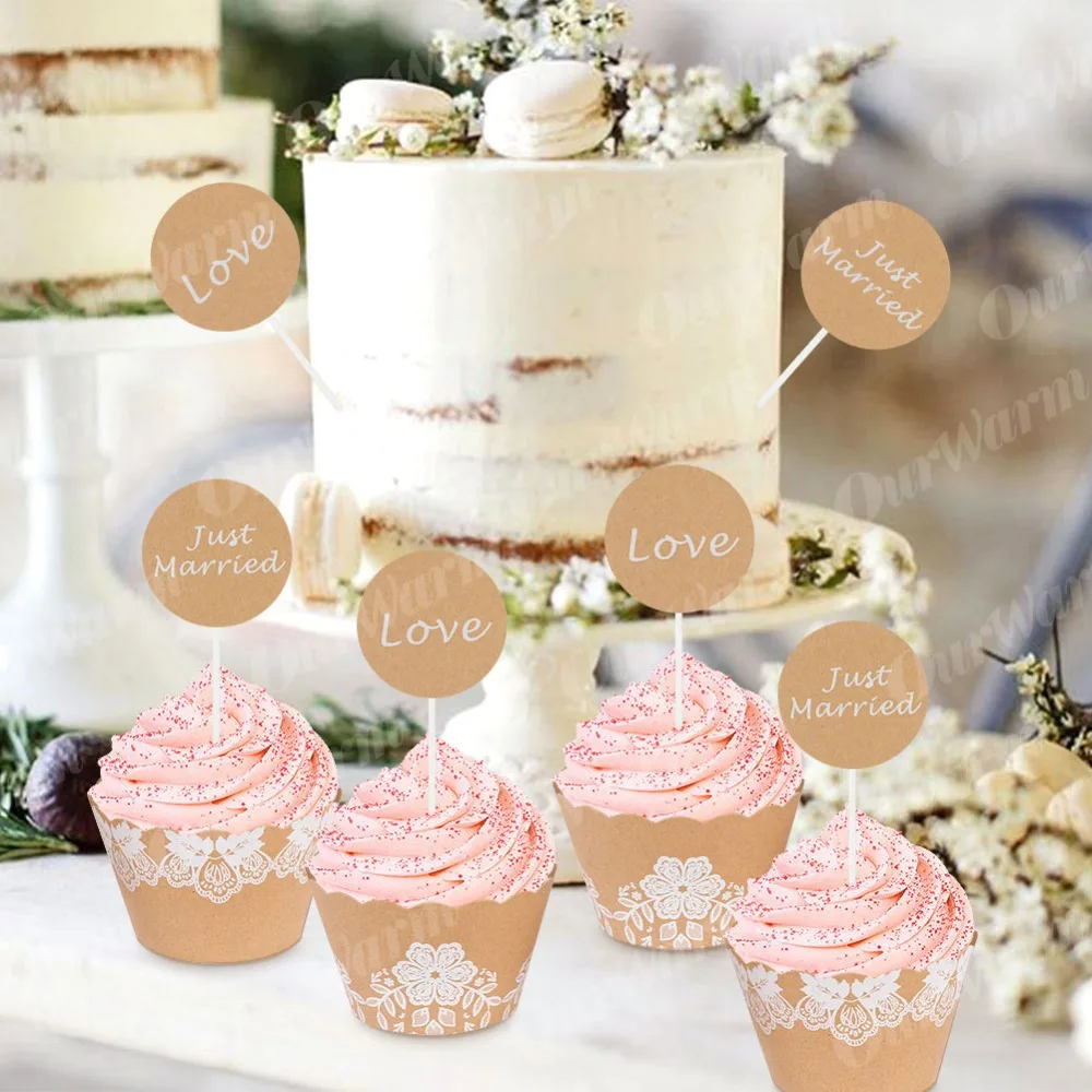 OurWarm 12Pcs Wedding Cupcake Wrapper Cake Topper Love Just Married Flag for Birthday Party Decorations | Дом и сад