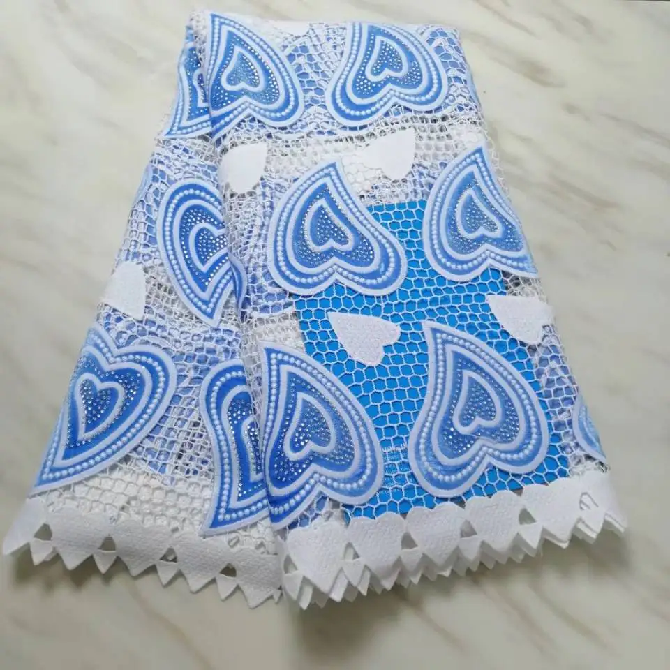 5Yards/pc Fashionable white african milk silk lace and royal blue french velvet fabric with rhinestone for dress BM21-1 | Дом и сад