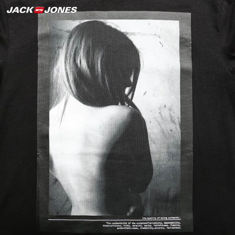 Мужская футболка JackJones черная прямого силуэта из 100% хлопка с принтом и круглым