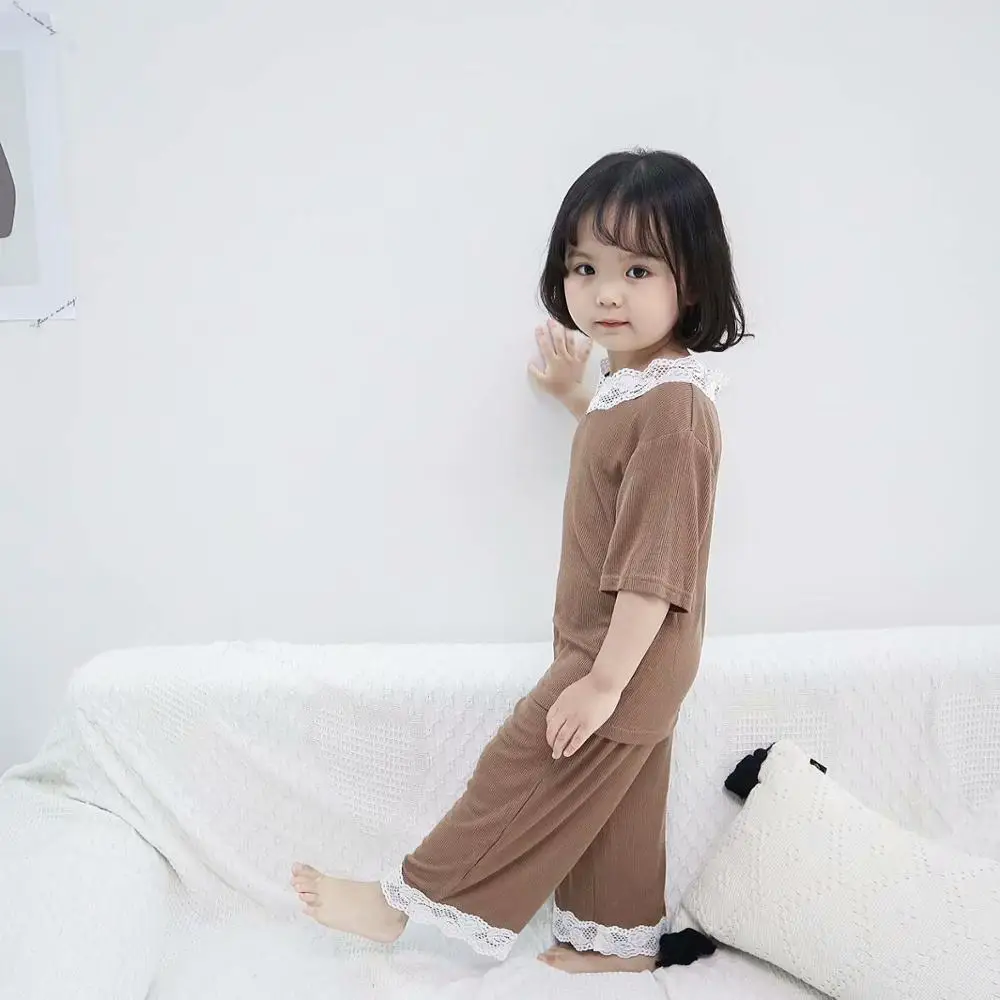 Light Brown Пижамы для девочек, летние пижамы в рубчик, детские пижамы для девочек, детская одежда для сна, одежда для сна для малышей, модальный топ+ штаны, от 18 месяцев до 11 лет - Цвет: Light Brown