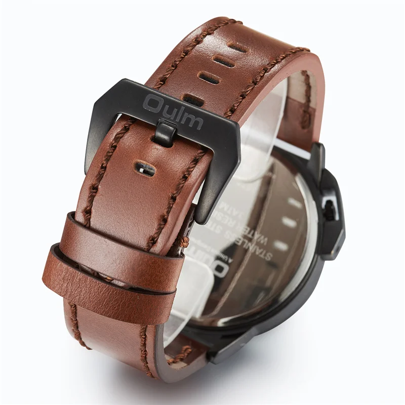 

Oulm Fashion Design Men Quartz Analog Watch Male Genuine Leather Strap Dual Time Zone Sports Wristwatch Luxury Male Quartz Clock