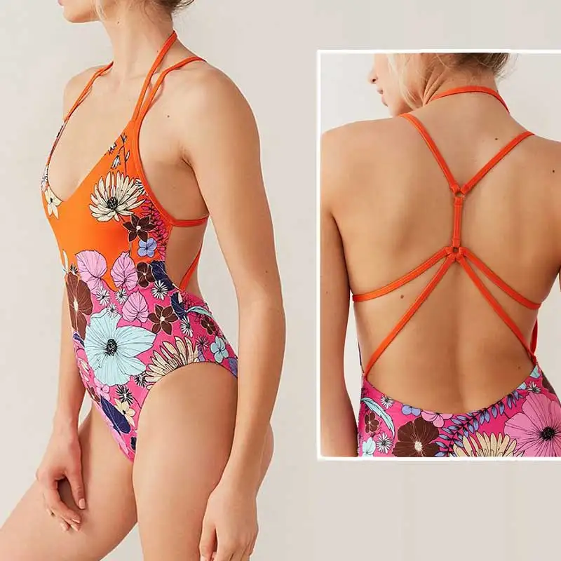 

Women's One Piece Swimsuit Strappy Back Monokini Tummy Control Swimwear V-Neck Cut out Bathing Suits Floral Sexy Bikini