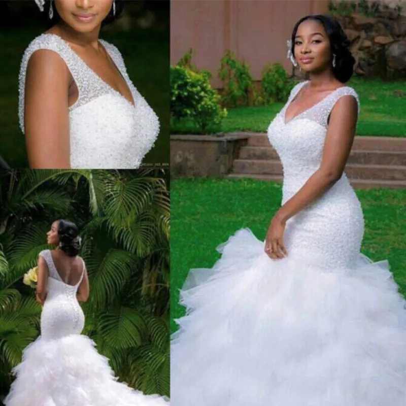 

2019 New Arrival African Design Stunning Full Beading Handwork Beads Amazing Ruffles Tiered Mermaid Wedding Dress Backless Gowns