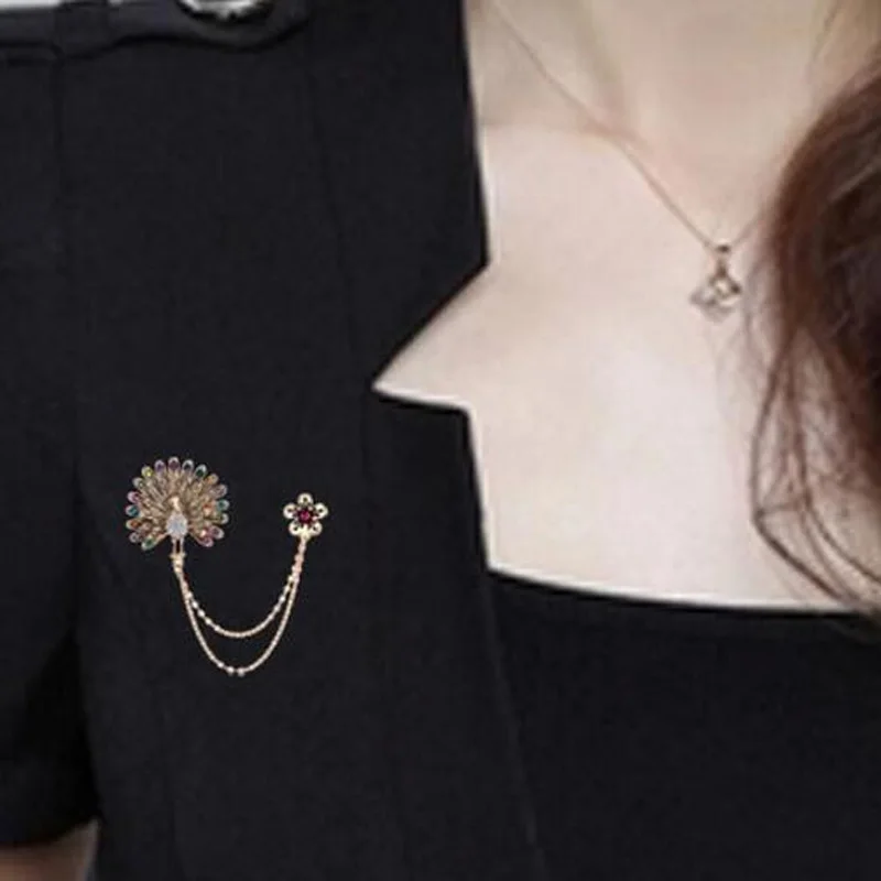 

Retro Rhinestone Flower Proud Peacock Double Chain Tassels Brooch For Women Lable Broches Jewelry Accessory Wholesale 12 Pcs