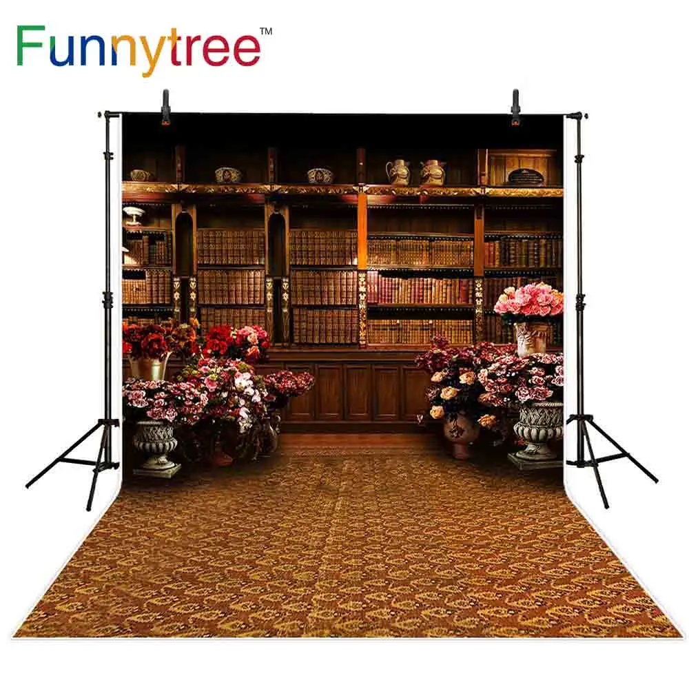 Фоны Funnytree для фотостудии винтажный кабинет деревянная книжная полка цветы
