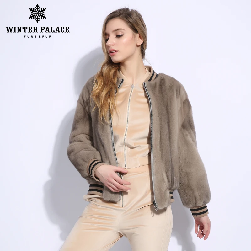 Бейсбол норки пальто с мехом 2018 Новый печати короткие импорт Корона уровень