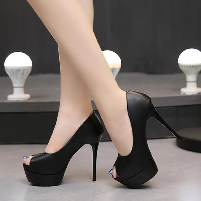 

Girl High-heeled Shoes Female Sexy Platform 14cm Black Professional Dress Pumps Women Extreme High Heels Peep Toe Stiletto