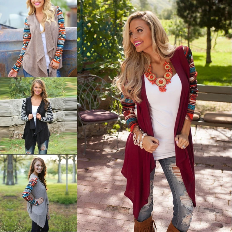 Cardigan Women 2019 New Long Sleeve Knitted Sweater Tops Vintage Aztec Printed Irregular Hem Jacket Coat Outwear 5XL |