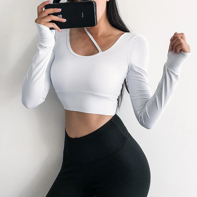Осенний женский укороченный топ для спортзала футболки йоги с длинным рукавом