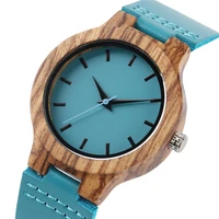 unique design lady wrist watch wooden blue color genuine leather band women watches female nature wood clock gift