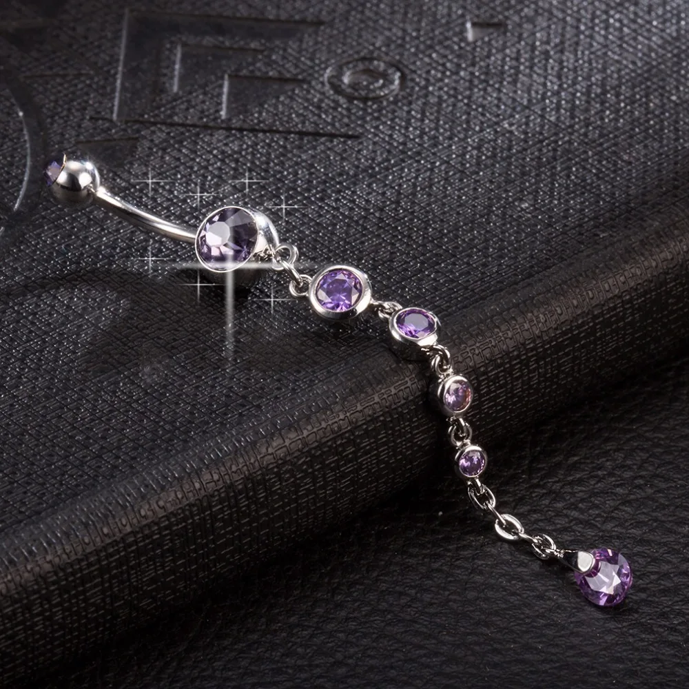 Gussiarro 2019 Dangle White Gold-Color Navel Clear Pink Purple Cubic Zirconia Ring Chain Percing Belly Button Rings Body Jewelry | Украшения