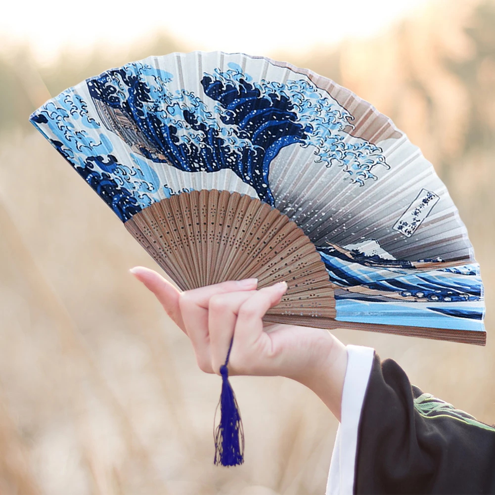 Шелковая ручная рамка вентилятора Fuji Kanagawa волны Японский складной веер