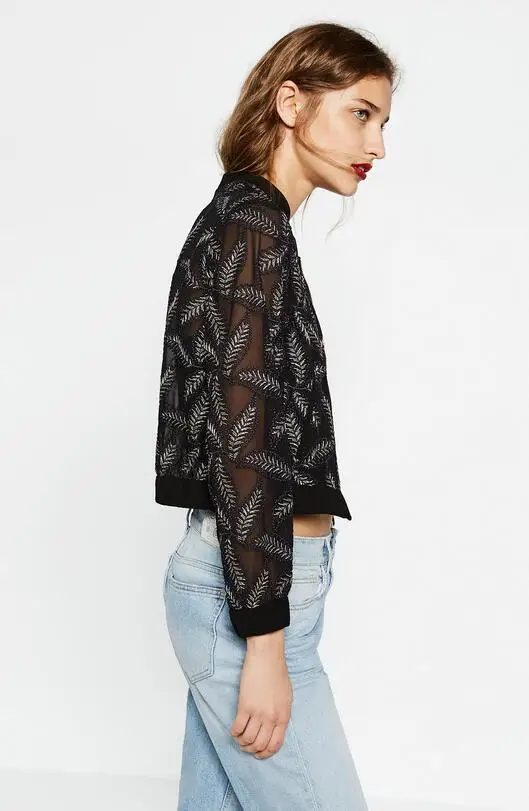 Новый 2016 Осенняя Мода Женщины Перо Вышивка прозрачная Сетка Куртка &quotПилот&quot