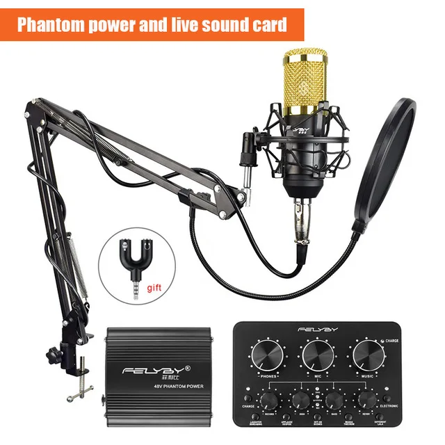 BLSound card power s FELYBY bm 800 профессиональный конденсаторный микрофон для компьютера караоке видео студия Запись микрофон фильтр фантомное питание звуковая карта - Цвет: BLSound card power s