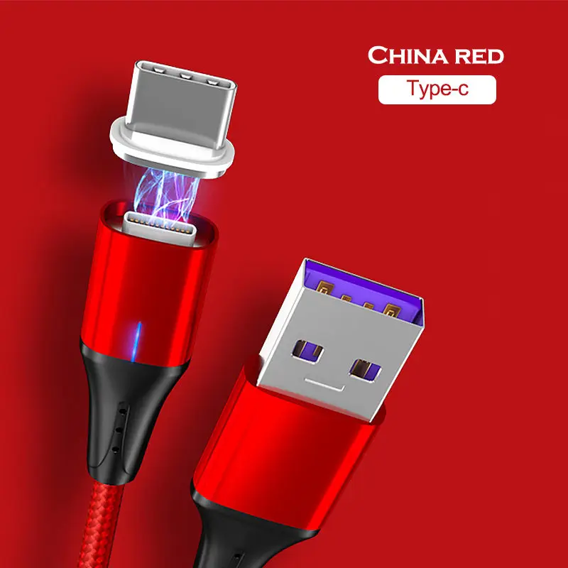 Red For Type C 5A светодиодный магнитный USB супер быстрый зарядный кабель type-C Micro USB кабель для iPhone huawei P9 P10 P20 samsung смартфон шнур для передачи данных - Цвет: Red For Type C