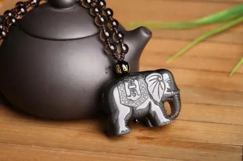 Koraba Fine Jewelry Natural Color Obsidian Hand Carved Lucky Elephant Pendant +Bead Necklace Free Shipping | Украшения и
