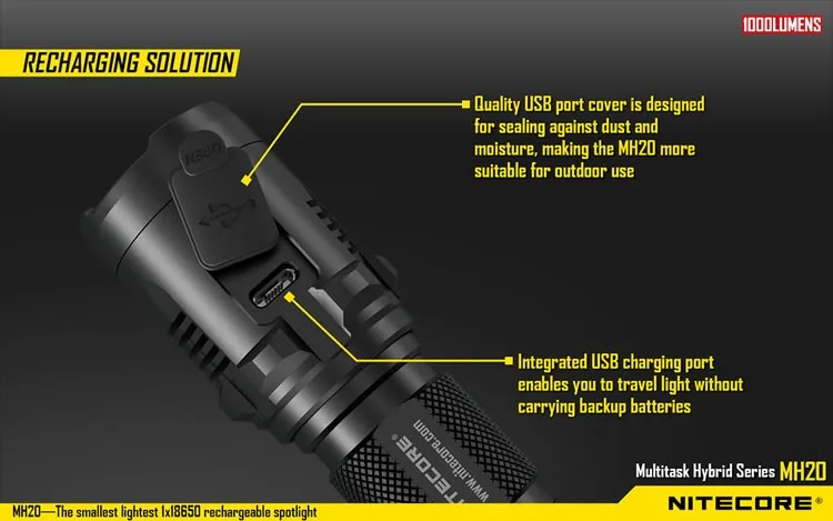 NITECORE MH20 MH20W 1000 люмен CREE XM-L2 U2 CRI светодиодный водонепроницаемый фонарь перезаряжаемый фонарь без аккумулятора 18650