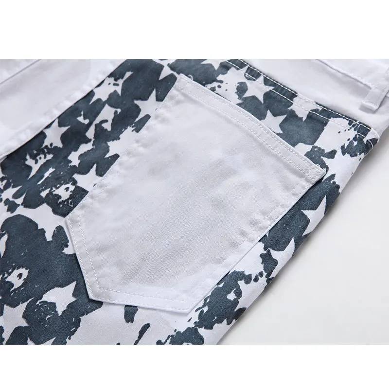New Men's White Jean Pant Print Elasticity Slim Jeans Cotton Mid Waist Zipper Fly Straight Pants Casual Trousers Men