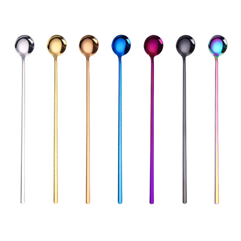 

New Long Handle Round Spoon Milk Tea Coffee Stirring Scoop Stainless Steel Coffee Spoon Dessert Spoon Cafe Kitchen Tableware