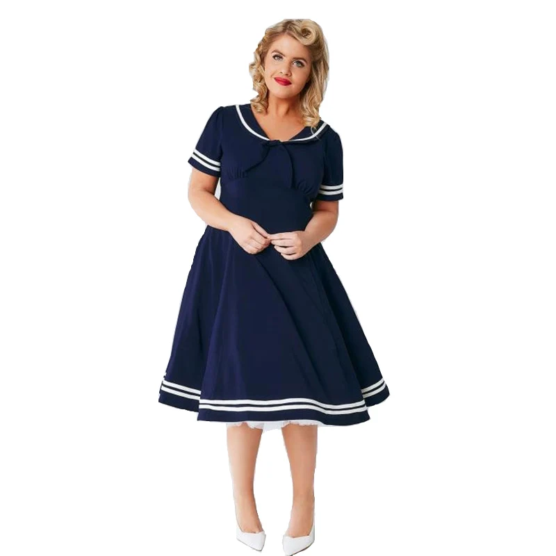Plus size women 2017 summer new dress womens fashion simple solid color casual school wind navy blue A line dresses ZD2090 | Женская