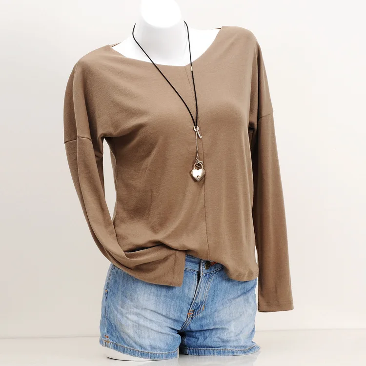 Европа Стиль Осень Твердые Трикотажные v-образным вырезом Женская футболка