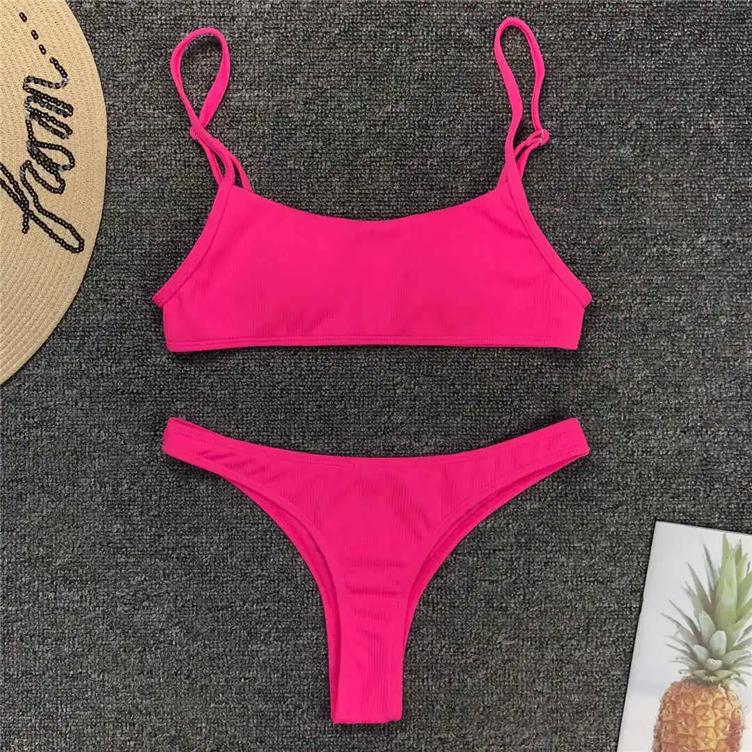 Neon Pink Сексуальные неоновые желтые стринги бикини женский купальник стринги купальник женский комплект бикини из двух частей купальный костюм в рубчик V1295 - Цвет: Neon Pink