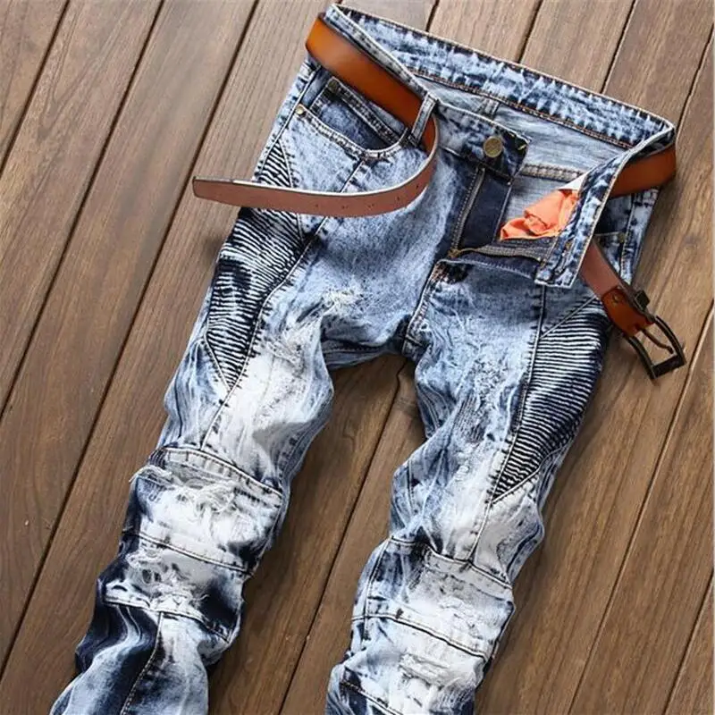 New fashion clothing designer pants destroyed mens slim denim straight biker skinny jeans men ripped Male Boys | Мужская одежда