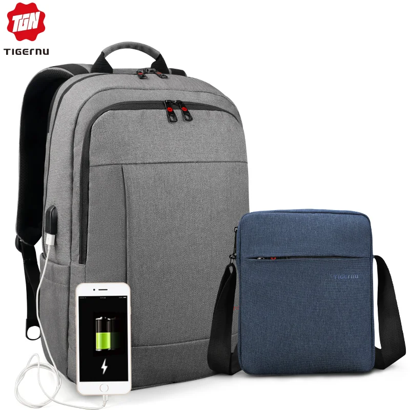 3142grey 5102blue Tigernu большой емкости USB зарядка Рюкзак сумка набор - Цвет: 3142grey 5102blue
