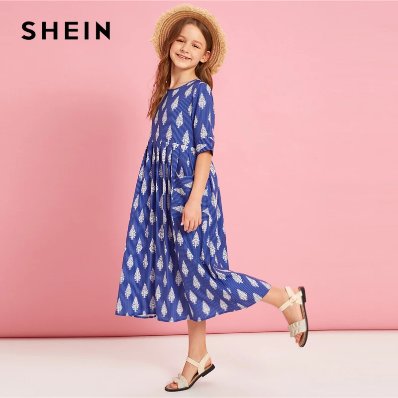 SHEIN Kiddie/синее боховая туника в полоску с карманами спереди и растениями, платье года, летние праздничные длинные платья с короткими рукавами и высокой талией