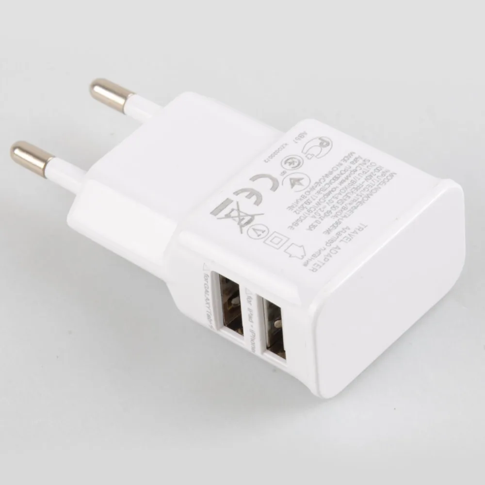 Штепсельная Вилка европейского стандарта, 2 порта, USB зарядное устройство, адаптер 5 В, 2 А, настенный адаптер для мобильного телефона, микро-зарядка для iPhone, samsung, USB адаптер для путешествий
